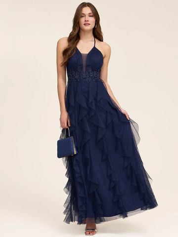 Elegante Vestido de Fiesta Largo de Malla con Purpurina, Escote Halter en V, Volantes y Línea A