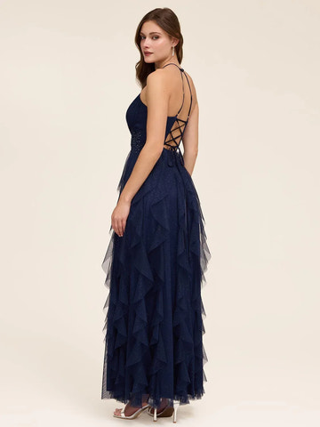 Elegante Vestido de Fiesta Largo de Malla con Purpurina, Escote Halter en V, Volantes y Línea A