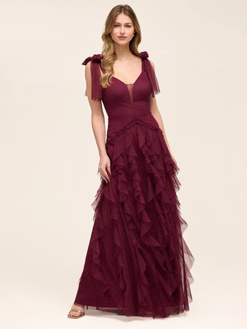 Vestido largo de fiesta de tul brillante con escote en V, volantes, capas y espalda descubierta