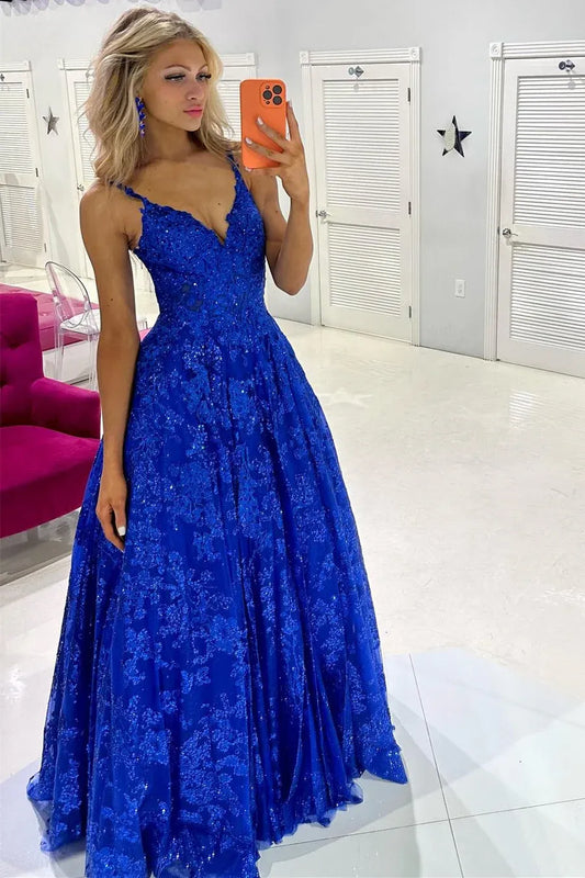 Glitter Lace A-Line V-Neck Sleeveless Lace-Up Floor-Length Prom Gown