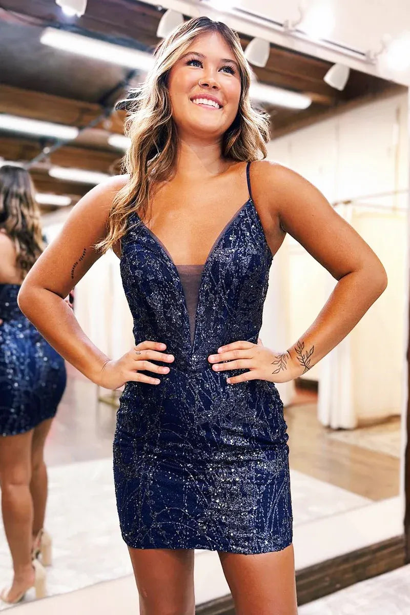 Glitter Mesh Bodycon Thin Strap V Crisscross Lace-Up Mini Homecoming Dress