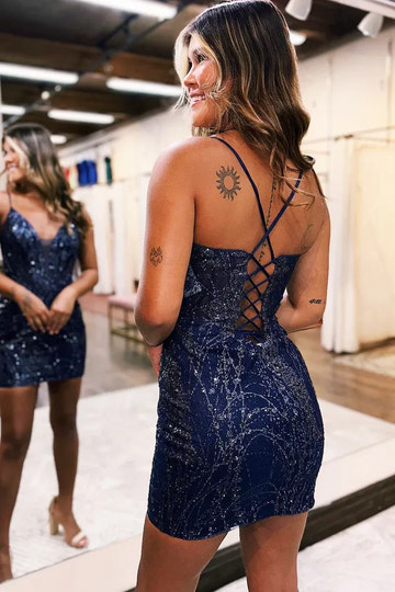 Glitter Mesh Bodycon Thin Strap V Crisscross Lace-Up Mini Homecoming Dress