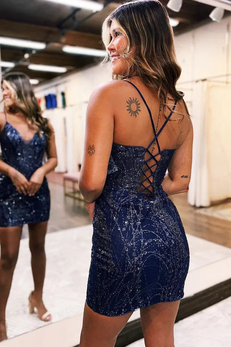 Glitter Mesh Bodycon Thin Strap V Crisscross Lace-Up Mini Homecoming Dress