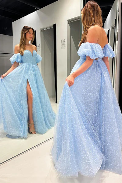 Glitter Tulle A-Line Sweetheart Off-The-Shoulder Puff Short Sleeve High Slit Floor Length Prom Evening Gown