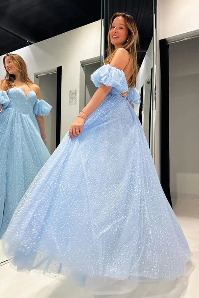 Glitter Tulle A-Line Sweetheart Off-The-Shoulder Puff Short Sleeve High Slit Floor Length Prom Evening Gown