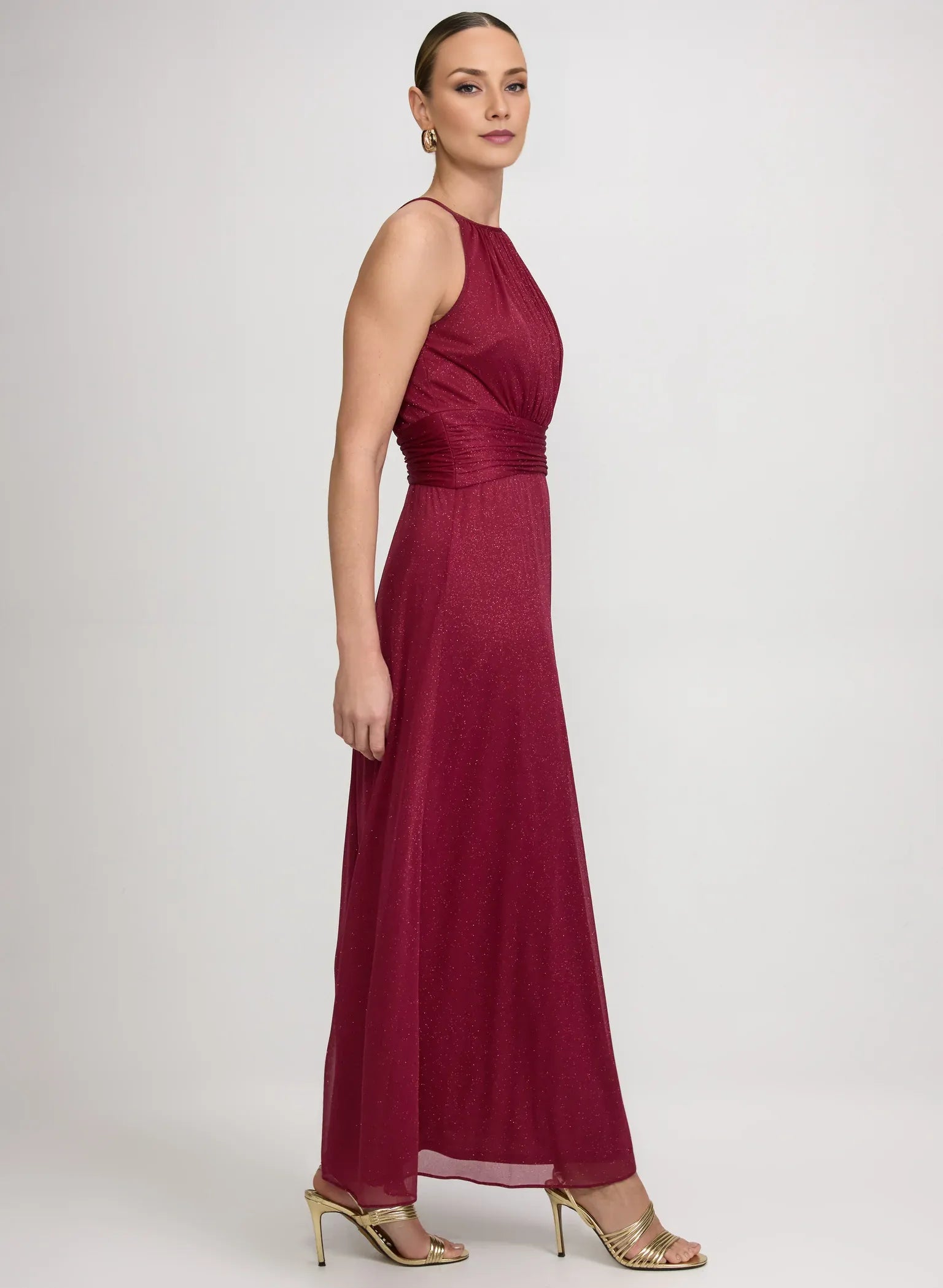 Glittered A-Line Halter Neck Mesh Wedding Guest Dress Long Gown with Ruched Waist