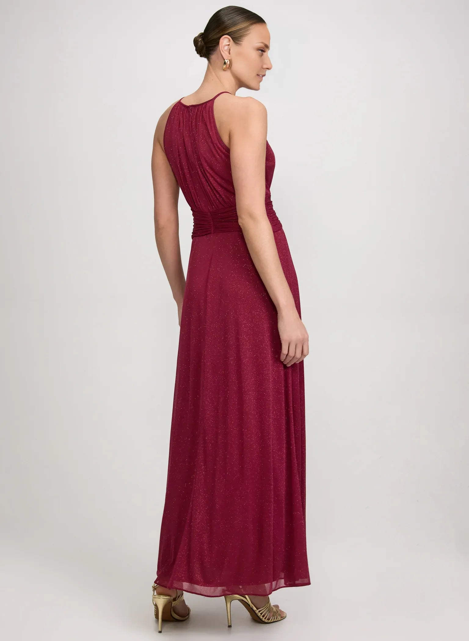 Glittered A-Line Halter Neck Mesh Wedding Guest Dress Long Gown with Ruched Waist