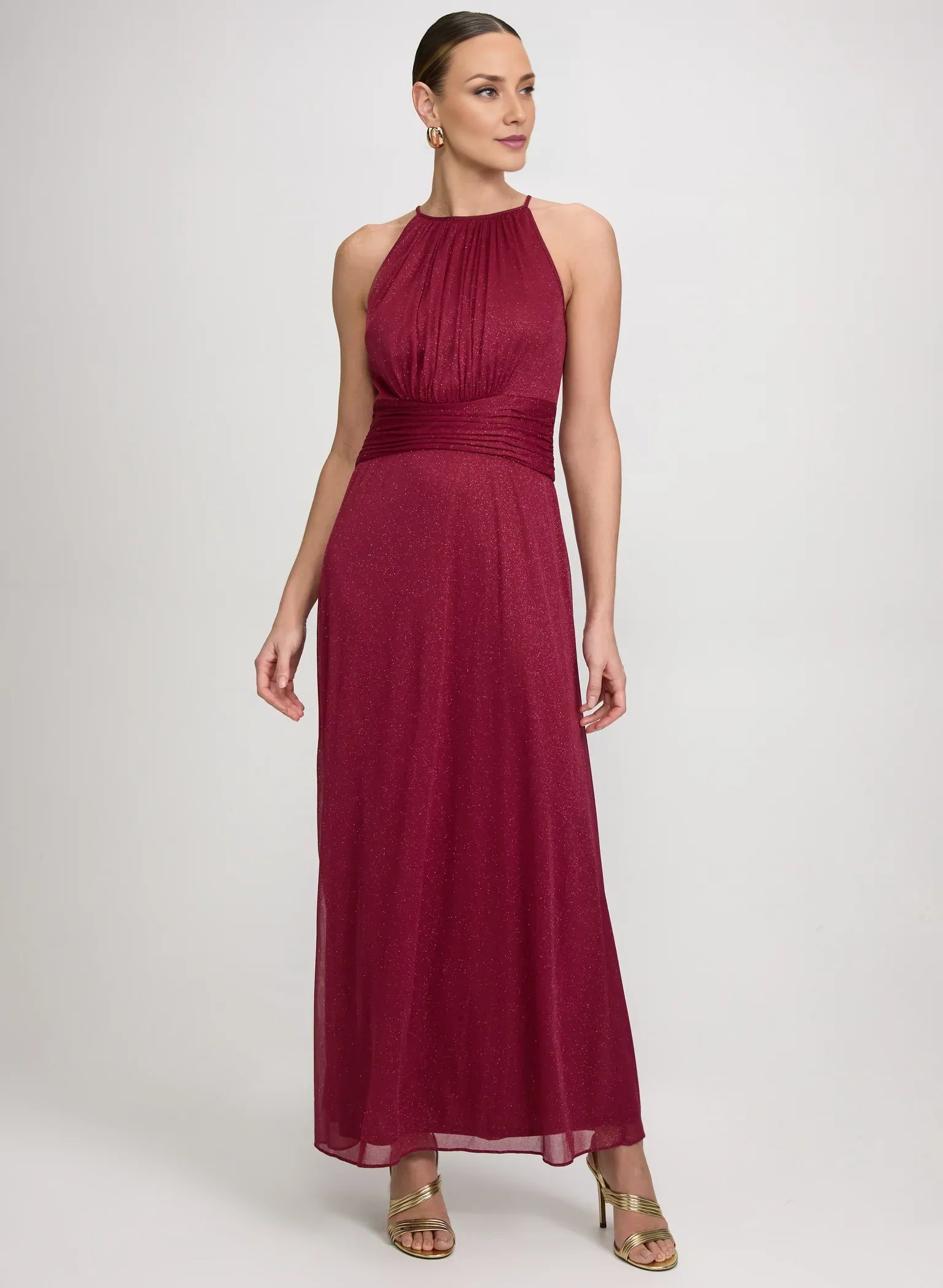 Glittered A-Line Halter Neck Mesh Wedding Guest Dress Long Gown with Ruched Waist