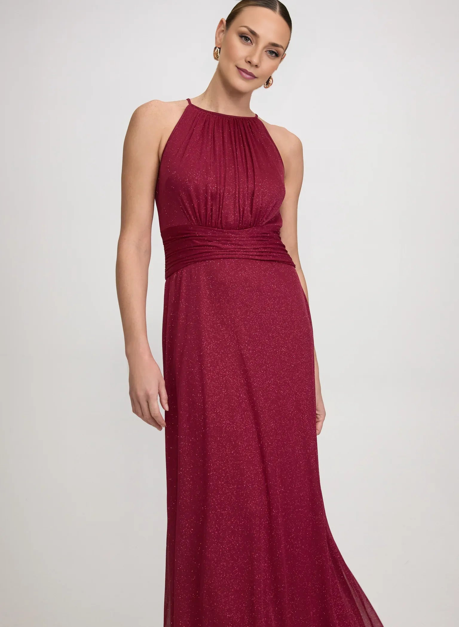 Glittered A-Line Halter Neck Mesh Wedding Guest Dress Long Gown with Ruched Waist