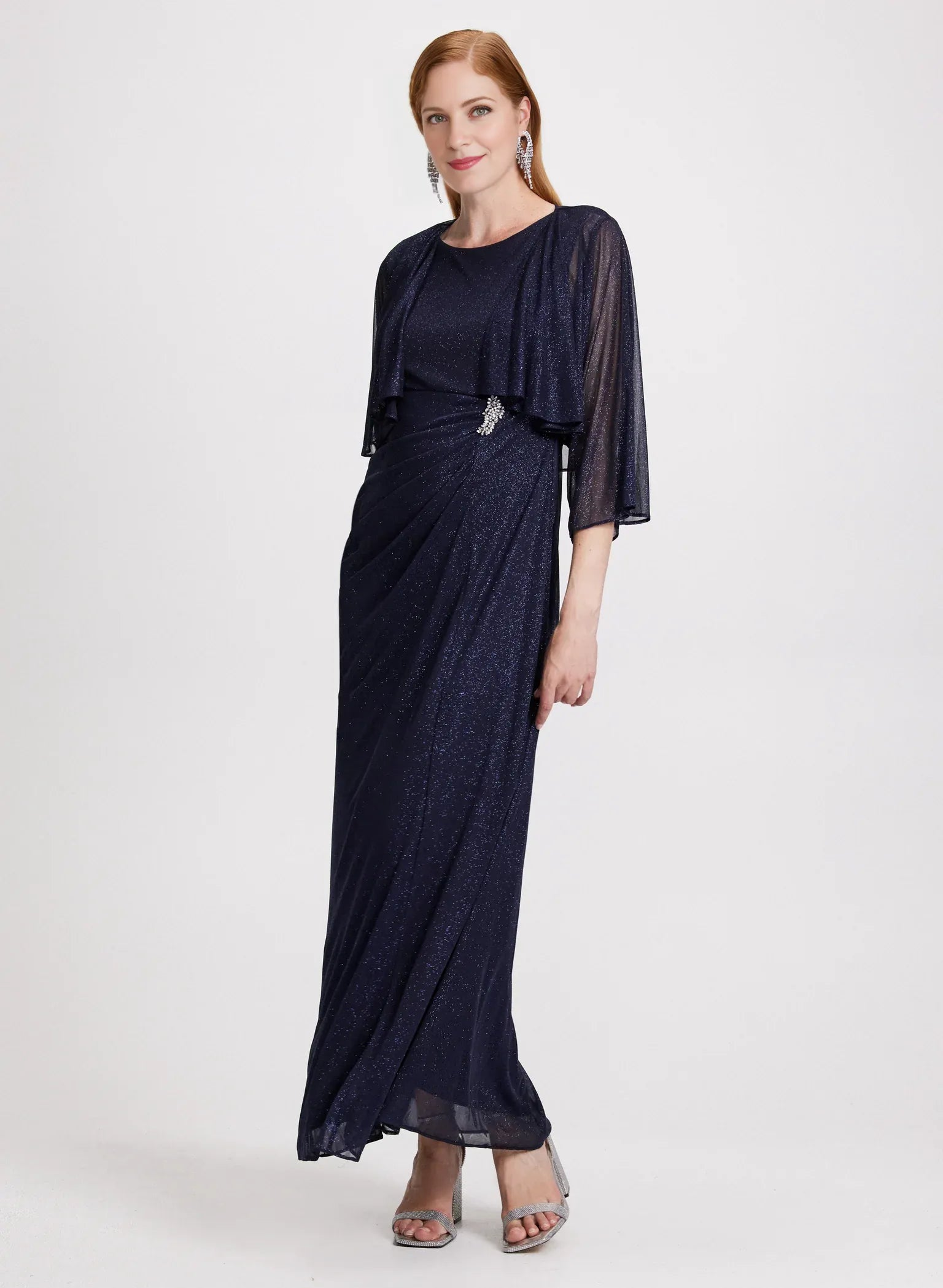 Glittered A-Line Round Neck Mother of the Bride Dress Floor-Length Gown with Jacket