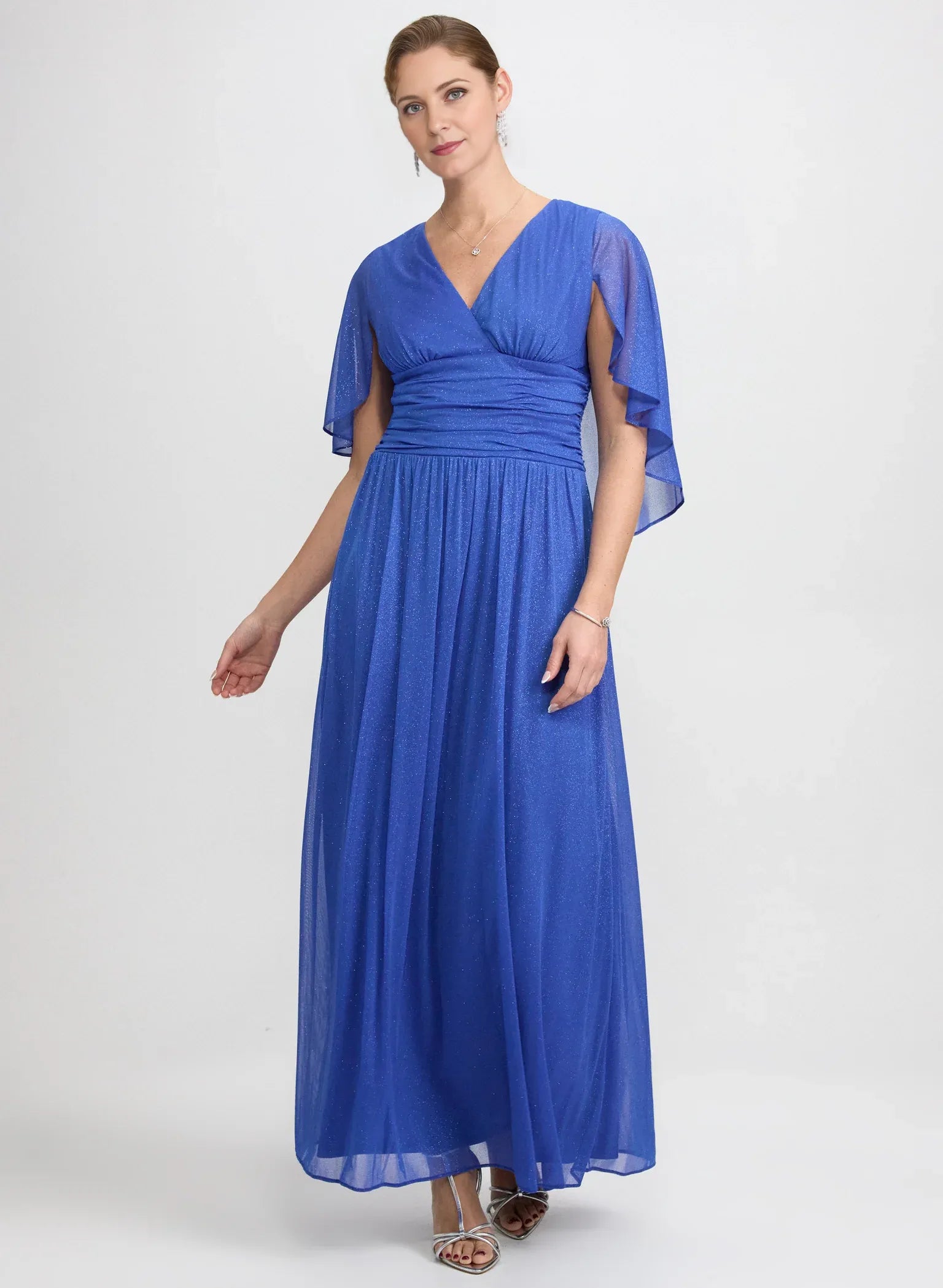 Glittered A-Line V-Neck Mother of the Bride Dress Floor-Length Gown with Capelet