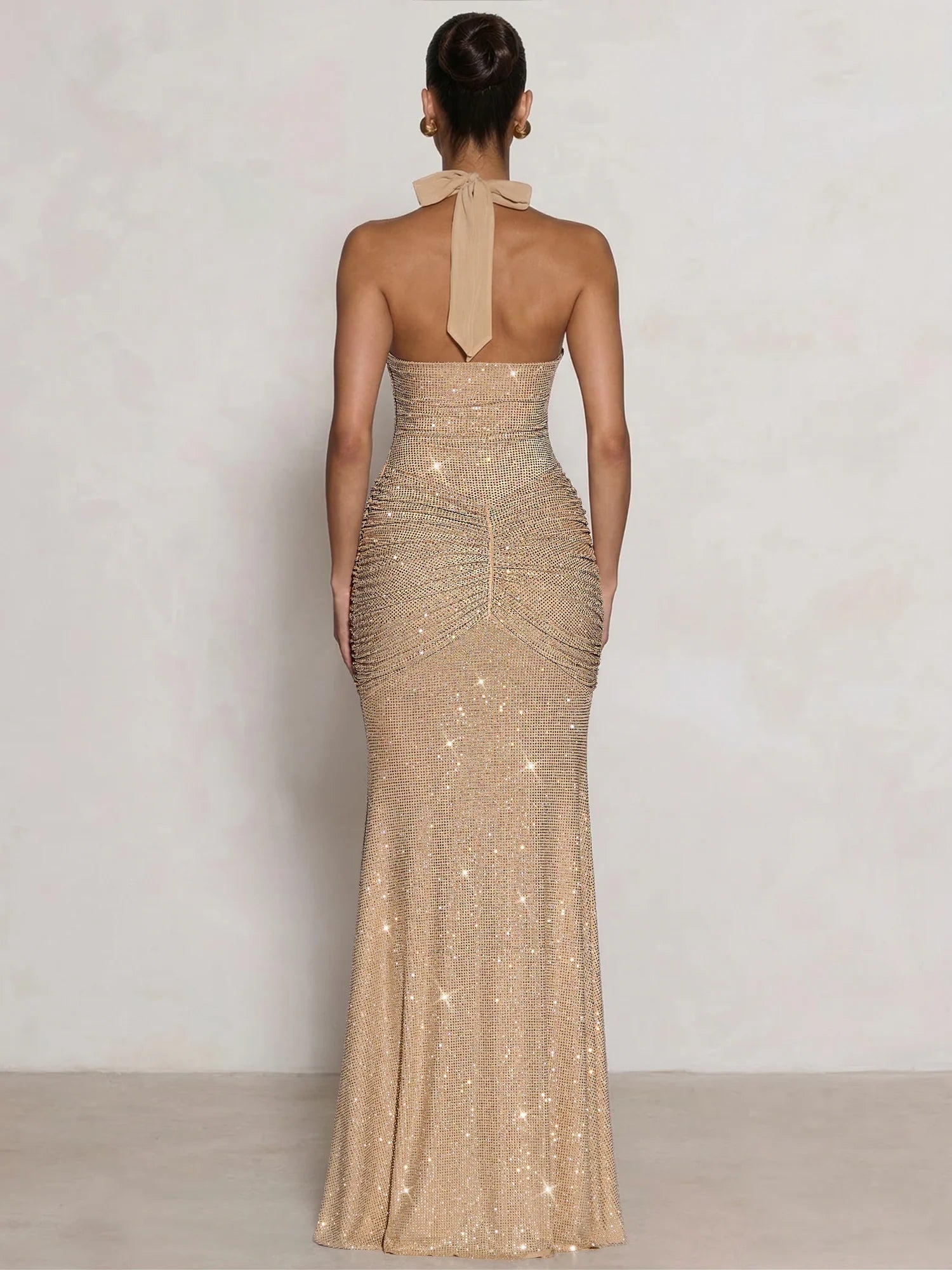 Sheath/Column Sparkling Ruched Halter Rhinestone Maxi Gown Evening Dress