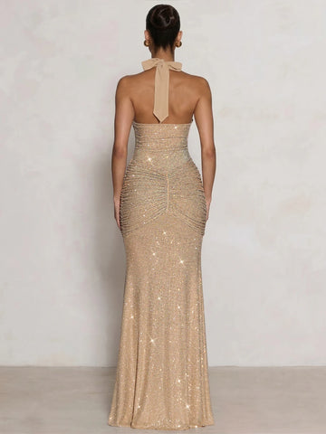 Sheath/Column Sparkling Ruched Halter Rhinestone Maxi Gown Evening Dress