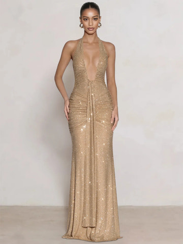 Sheath/Column Sparkling Ruched Halter Rhinestone Maxi Gown Evening Dress