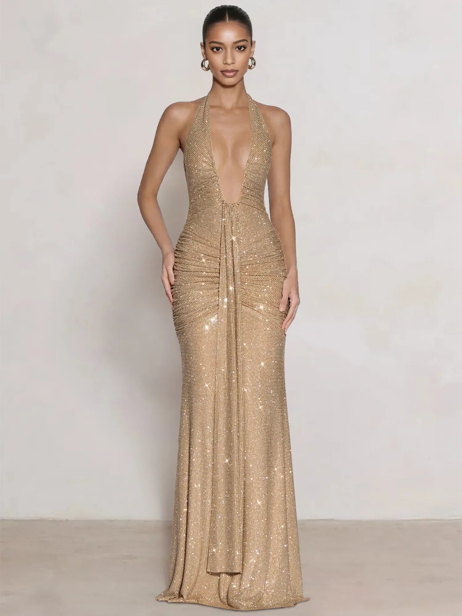 Sheath/Column Sparkling Ruched Halter Rhinestone Maxi Gown Evening Dress