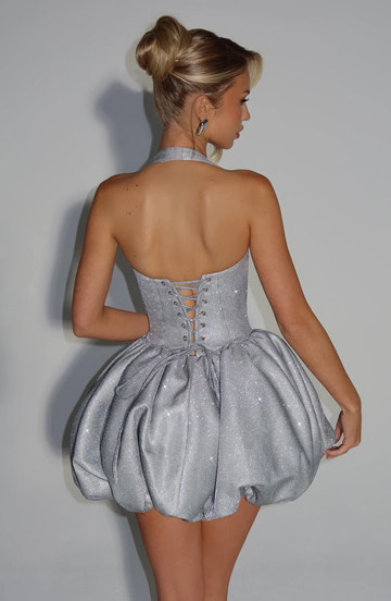 Glittery Voluminous Halter Neck Sleeveless Bubble Mini Party Dress Corset Mini Lace Up Homecoming Dress