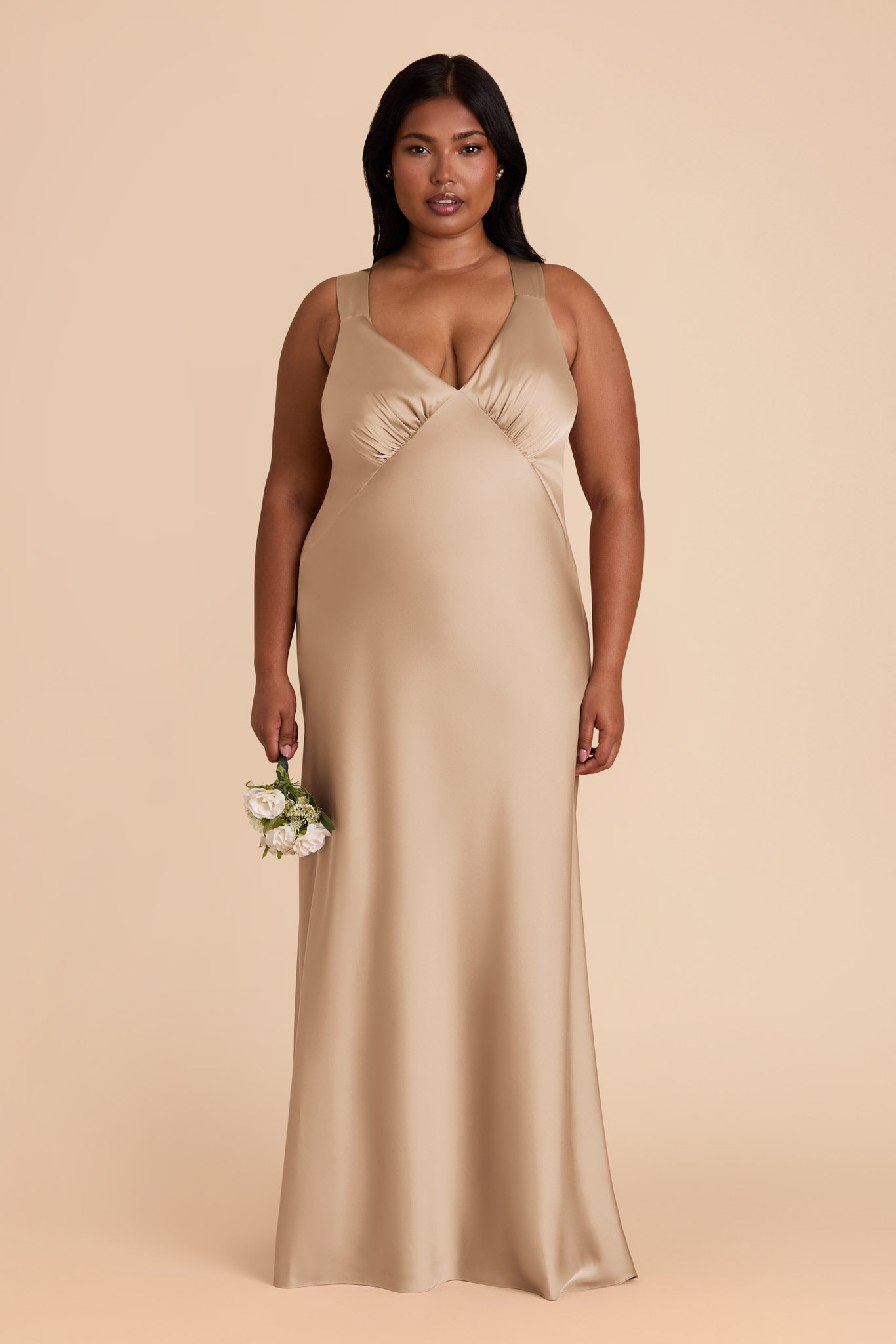 Women's Satin V-Neck Bridesmaid Dresses Maxi Dress with Crisscross Back Straps & Ruched Bust Formal Evening Gown