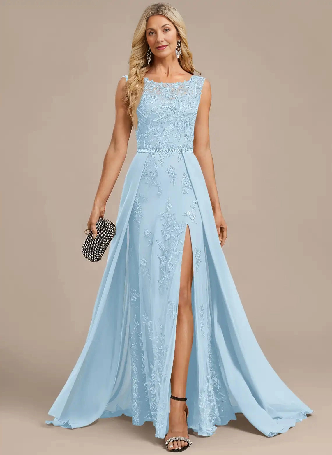 Vedress Light Blue Lace A‑Line Slit Mother Dress Front View