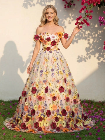 Vedress ivory tulle colorful 3D flower off‑the‑shoulder long train wedding dress