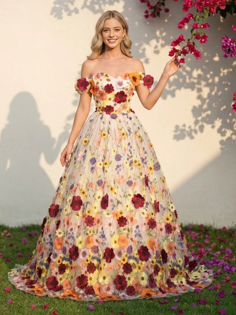Vedress ivory tulle colorful 3D flower off‑the‑shoulder long train wedding dress