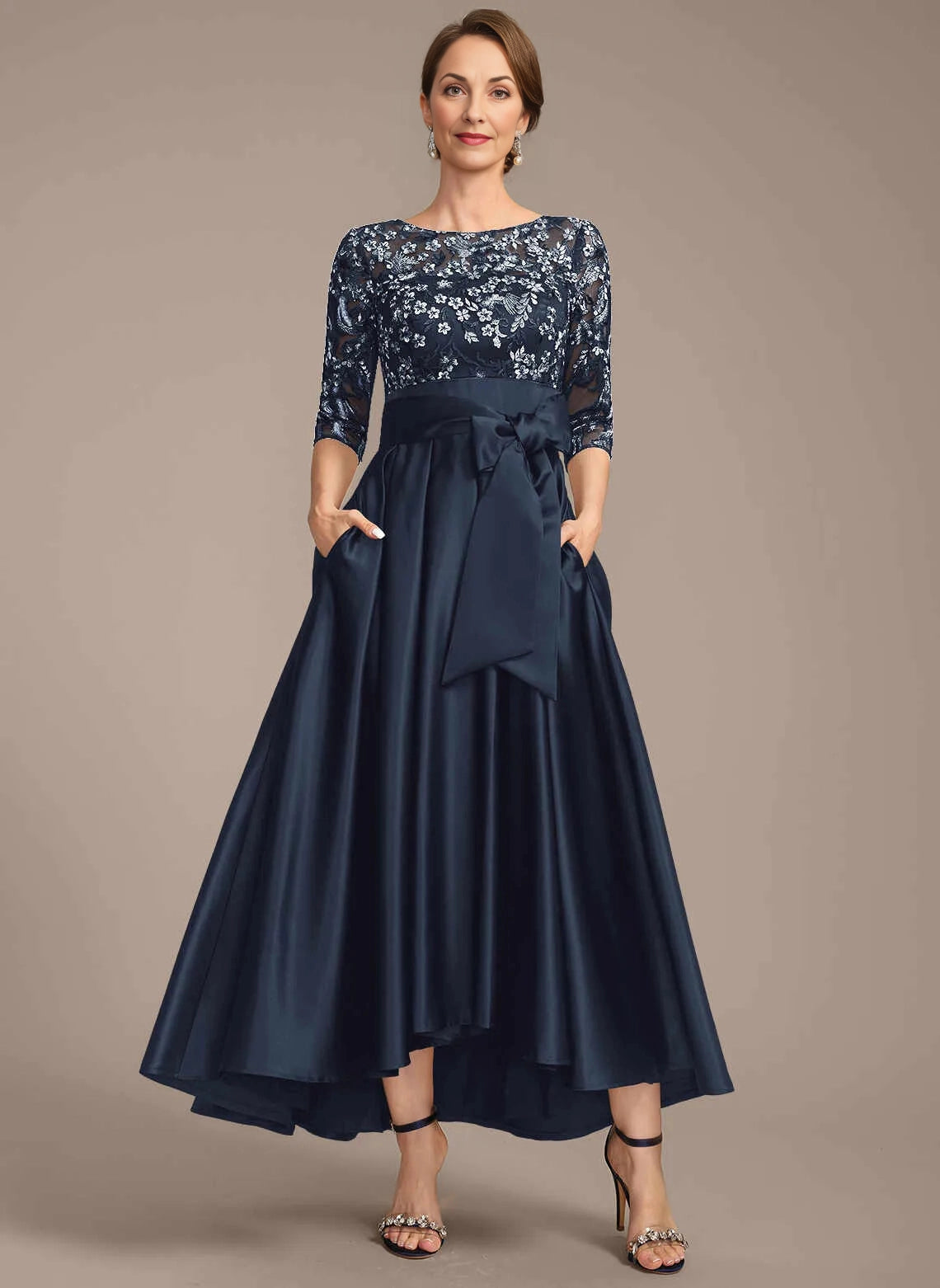 Vedress navy hi‑lo mother of the bride dress,round neck lace elbow sleeves,satin bow waist,pockets,zip‑back gown