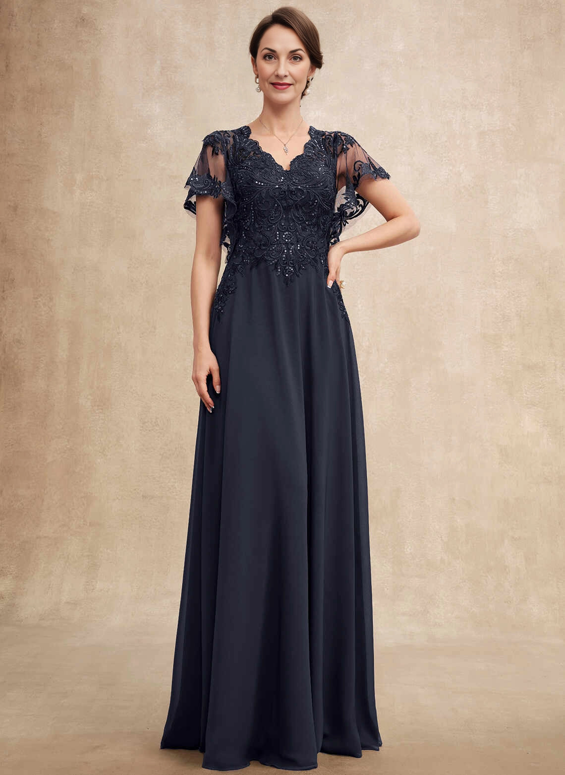 Vedress navy floor‑length mother of the bride dress,beaded lace flutter sleeves,deep v back,chiffon a‑line skirt