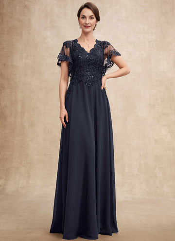 Vedress navy floor‑length mother of the bride dress,beaded lace flutter sleeves,deep v back,chiffon a‑line skirt