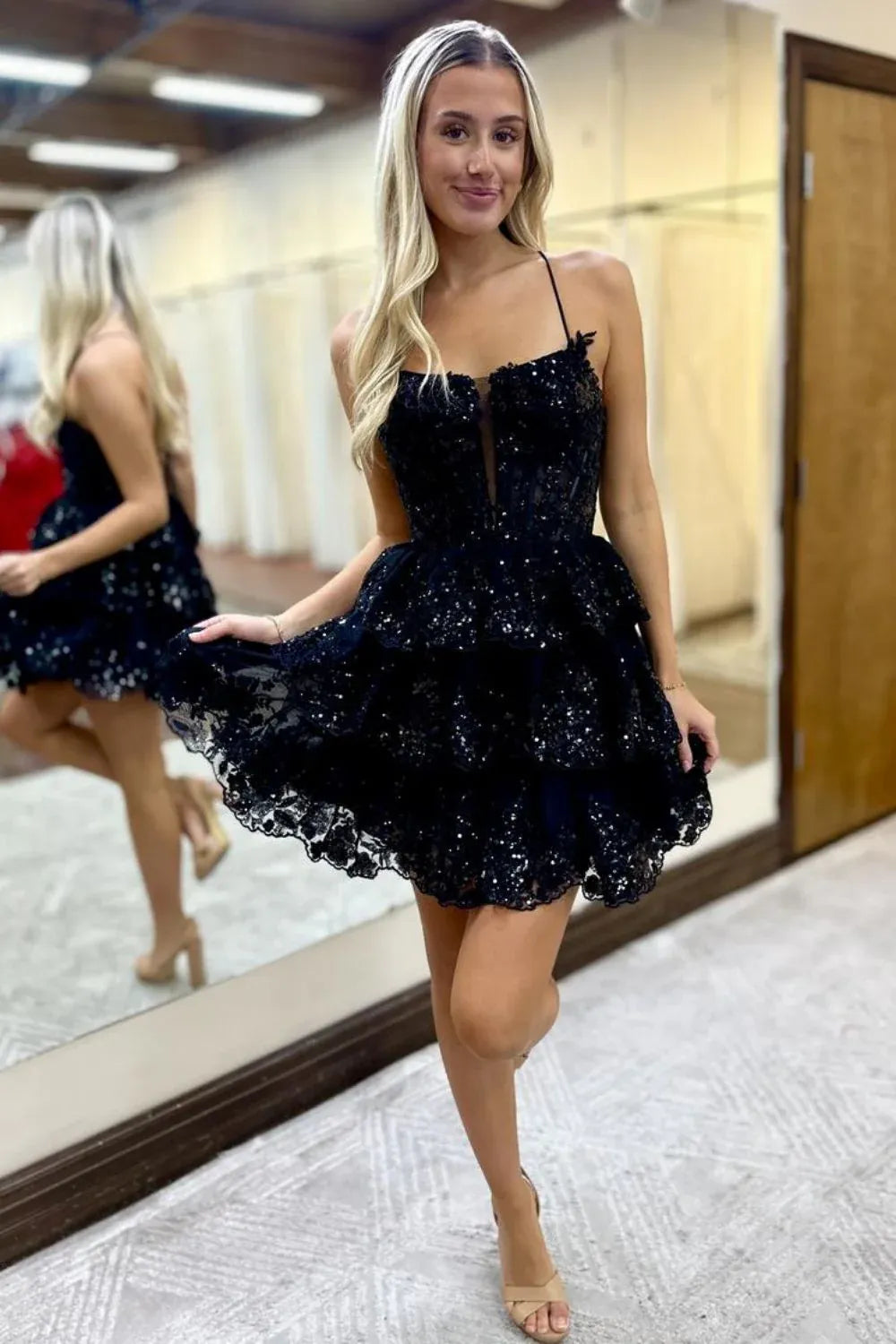 Gorgeous A-Line V-Neck Sleeveless Sequin Mini Lace-Up Homecoming Cocktail Dress