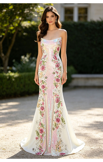 Precioso vestido de fiesta largo sin tirantes de sirena con lentejuelas y apliques