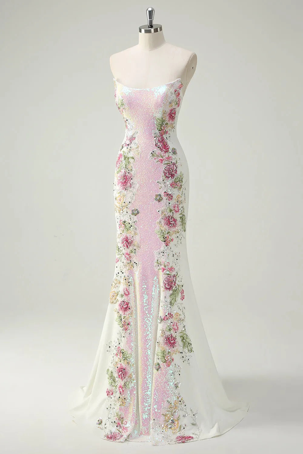Precioso vestido de fiesta largo sin tirantes de sirena con lentejuelas y apliques