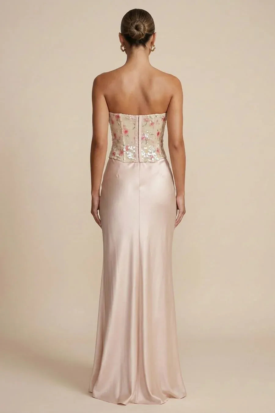 Espectacular vestido de fiesta de noche floral de sirena sin tirantes con lentejuelas de satén maxi ceñido