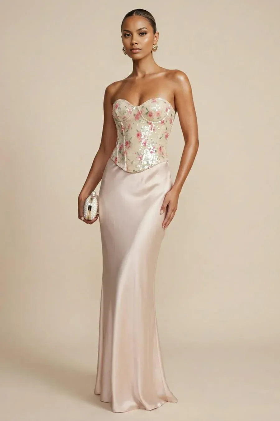 Espectacular vestido de fiesta de noche floral de sirena sin tirantes con lentejuelas de satén maxi ceñido