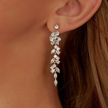 Silver-Tone Rhinestone Leaf Drop Earrings
