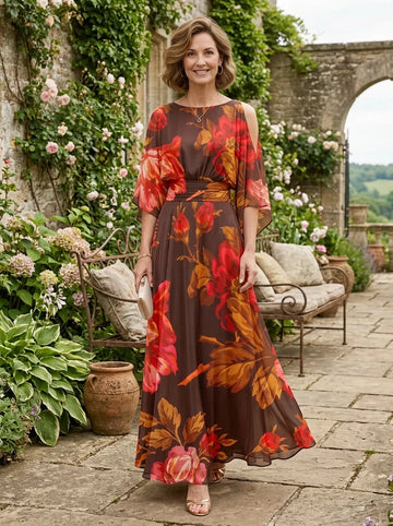 Vedress brown floral chiffon a‑line mother of the bride dress cold shoulder flutter sleeve fall wedding gown