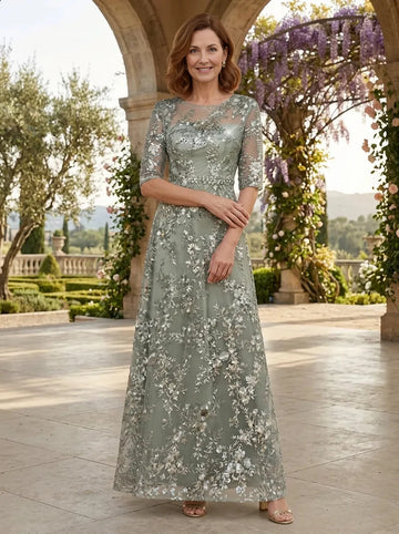 Vedress sage green floral embroidered mother of the bride dress round neck elbow sleeve a‑line garden wedding gown