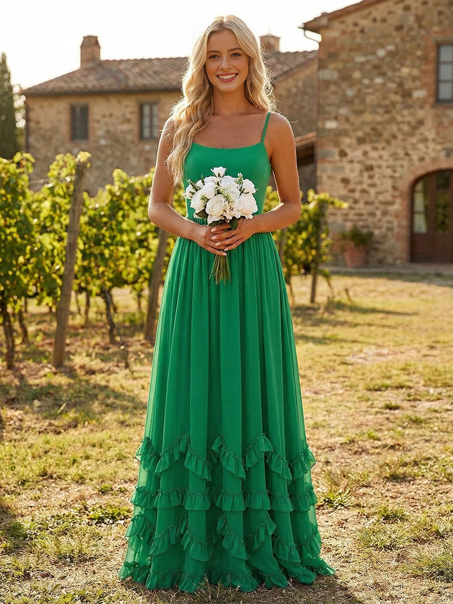 Vedress emerald green ruffle tiered chiffon spaghetti strap bridesmaid long dress
