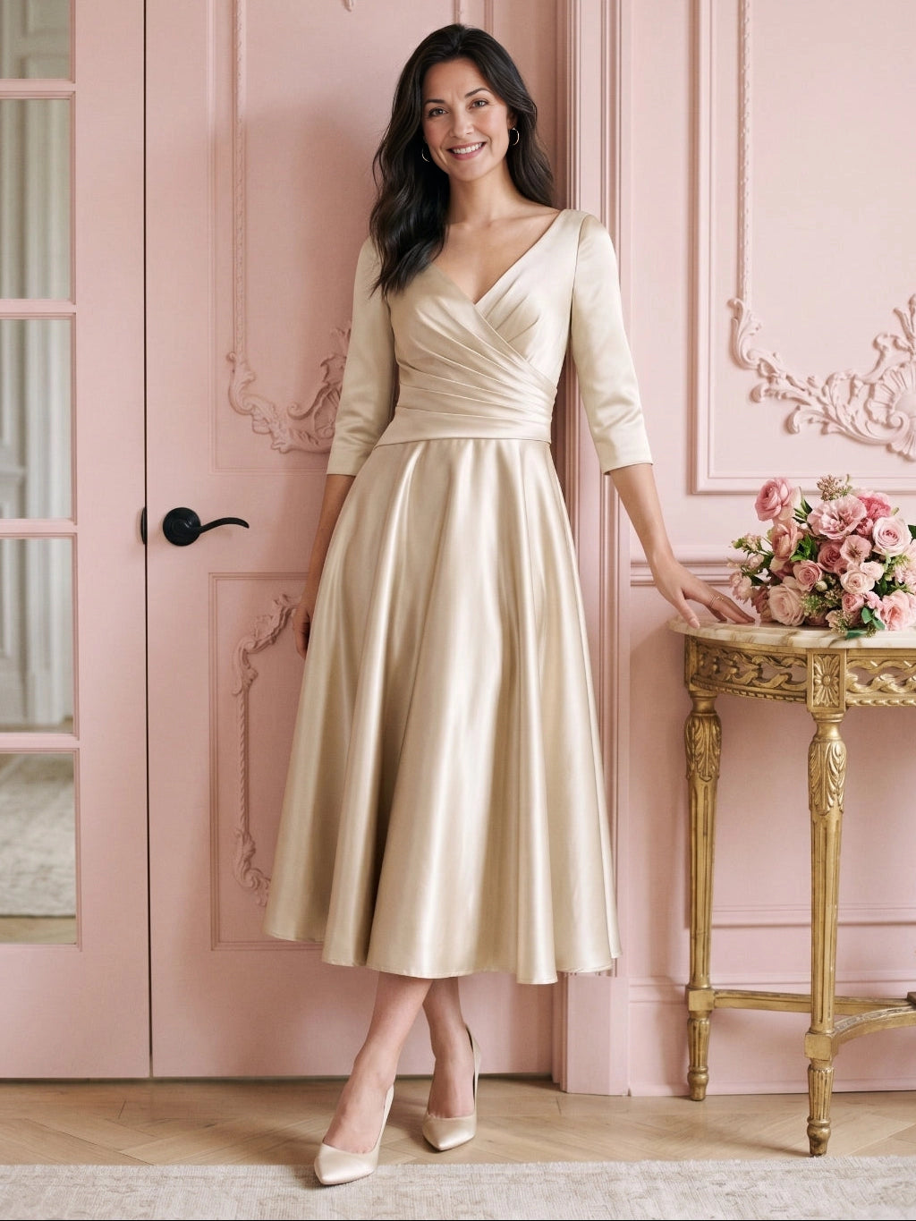 Vedress champagne satin a‑line midi mother of the bride dress v‑neck wrap bodice 3/4 sleeve wedding guest gown