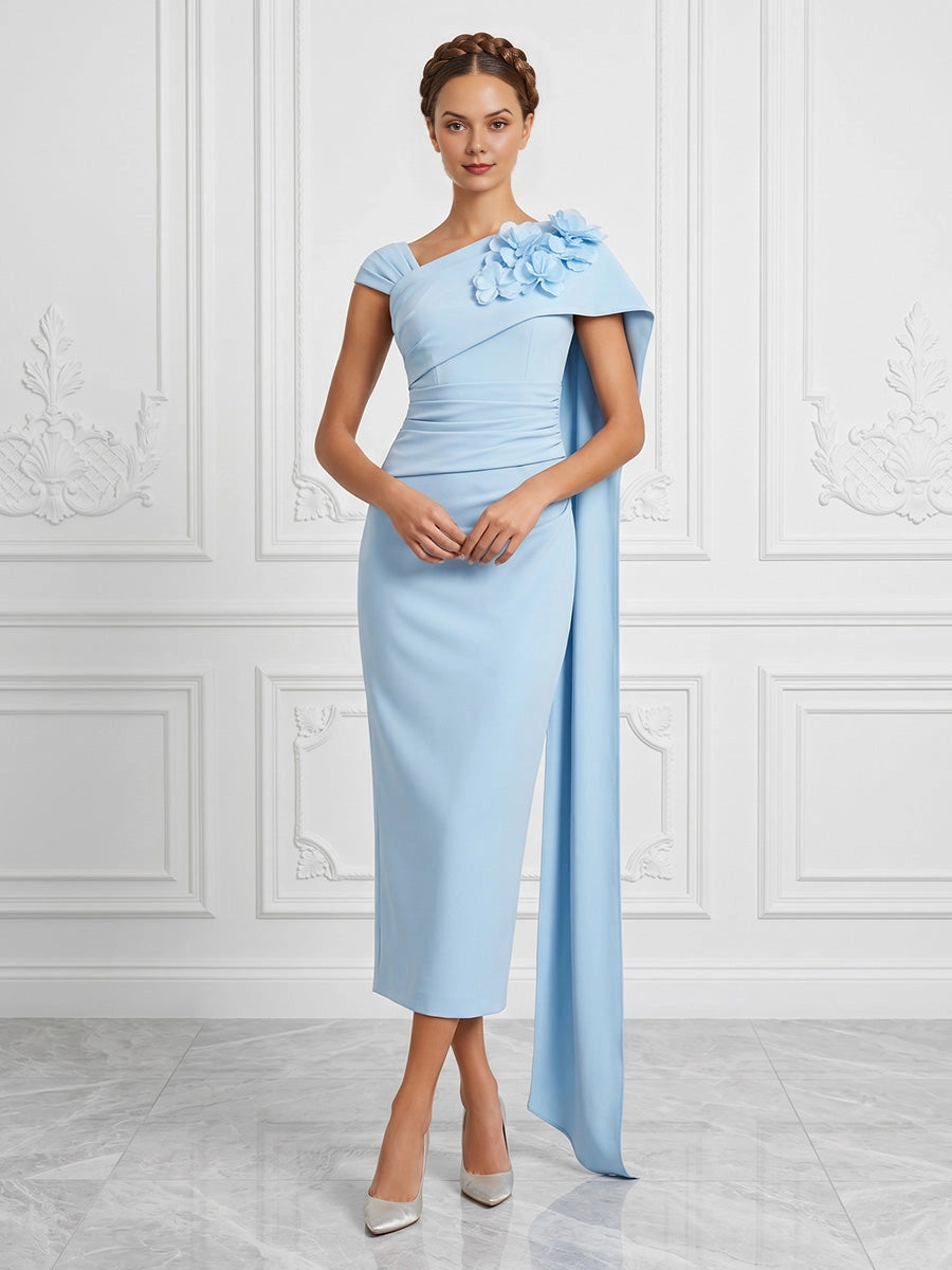 vedress light blue sheath midi mother of the bride dress one shoulder 3d flower sash formal gown