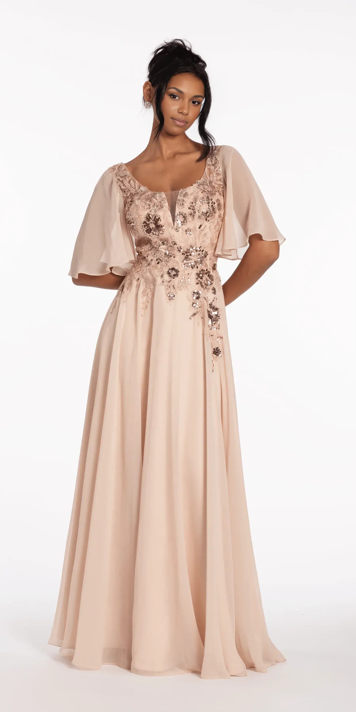 Graceful A-line Sweetheart FlutterSleeve LaceChiffon Floor SequinApplique OpenBack Formal Mother of the Bride Dress