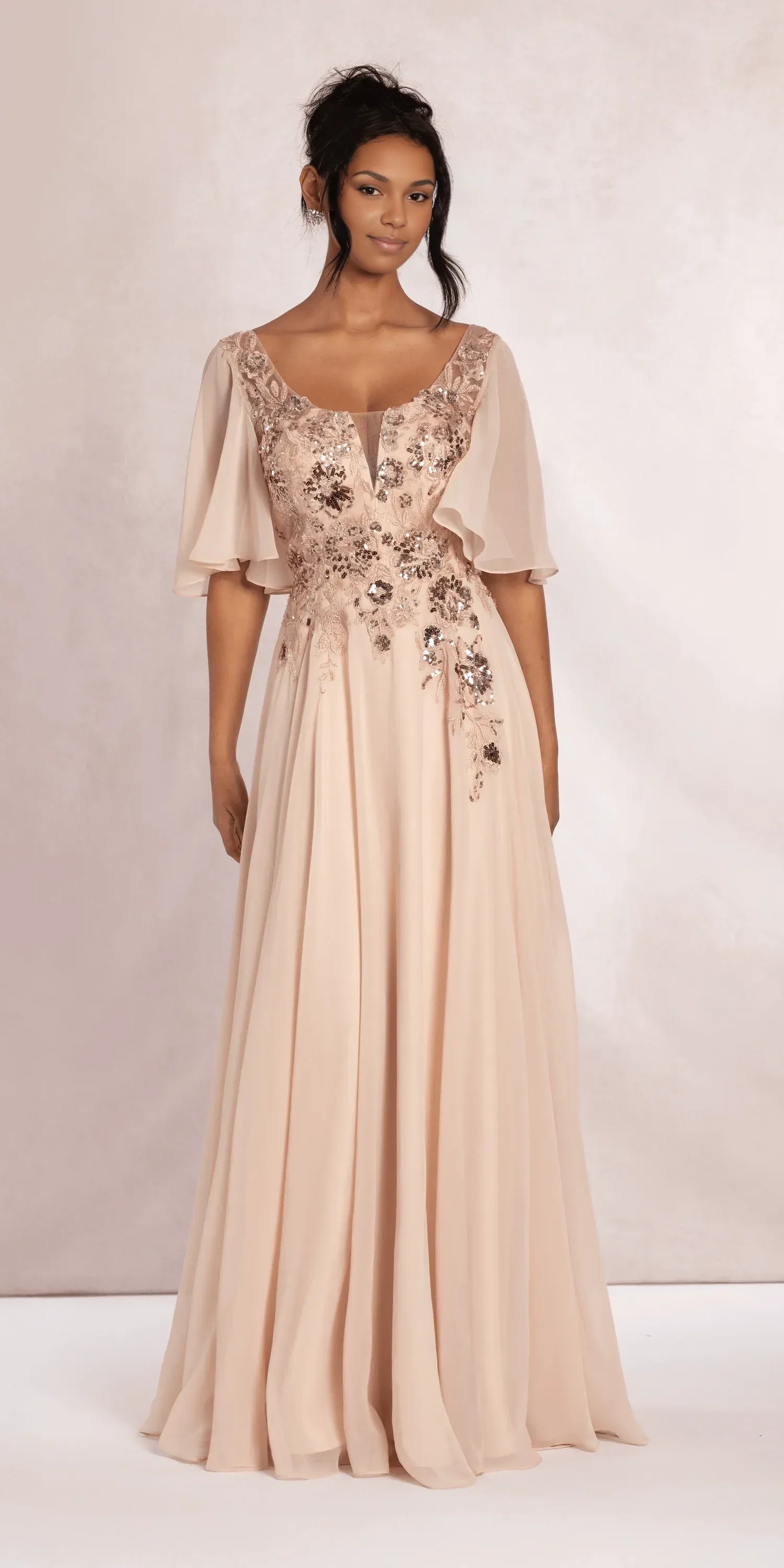 Graceful A-line Sweetheart FlutterSleeve LaceChiffon Floor SequinApplique OpenBack Formal Mother of the Bride Dress