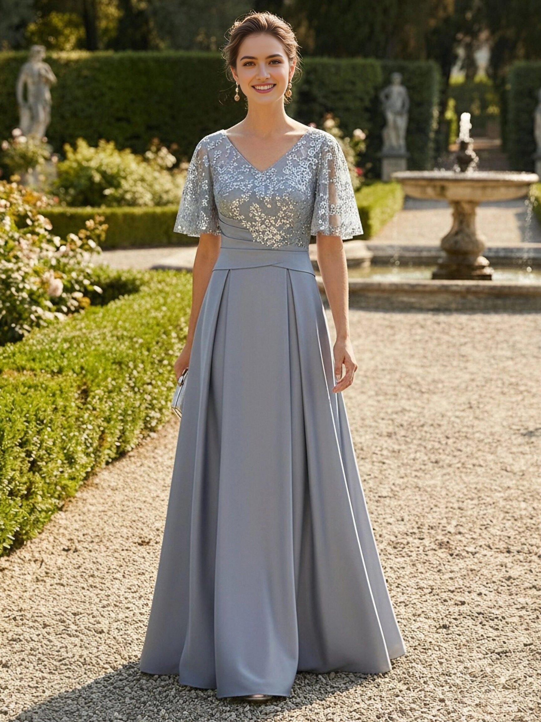 Vedress dusty blue sequin lace flutter sleeve v‑neck a‑line long mother of the bride gown