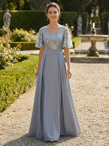 Vedress dusty blue sequin lace flutter sleeve v‑neck a‑line long mother of the bride gown