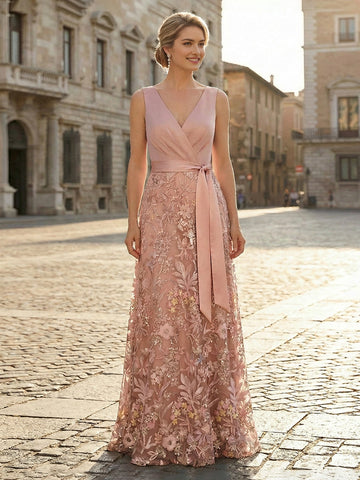 Vedress dusty pink wrap bodice floral lace A‑line long mother of the bride gown with waist sash
