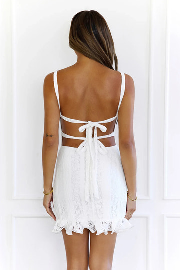 Graceful Bodycon Boat Neck Sleeveless Lace Mini Tie Back Ruffle Cocktail Dress