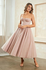 A-line Graceful Formal Corset Sweetheart Tulle Tea-Length Prom Dress
