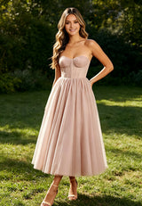A-line Graceful Formal Corset Sweetheart Tulle Tea-Length Prom Dress
