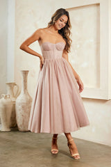 A-line Graceful Formal Corset Sweetheart Tulle Tea-Length Prom Dress