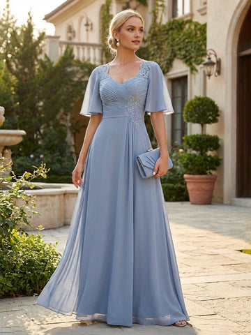 vedress dusty blue a line floor length mother of the bride dress sweetheart neck flutter sleeve lace chiffon gown