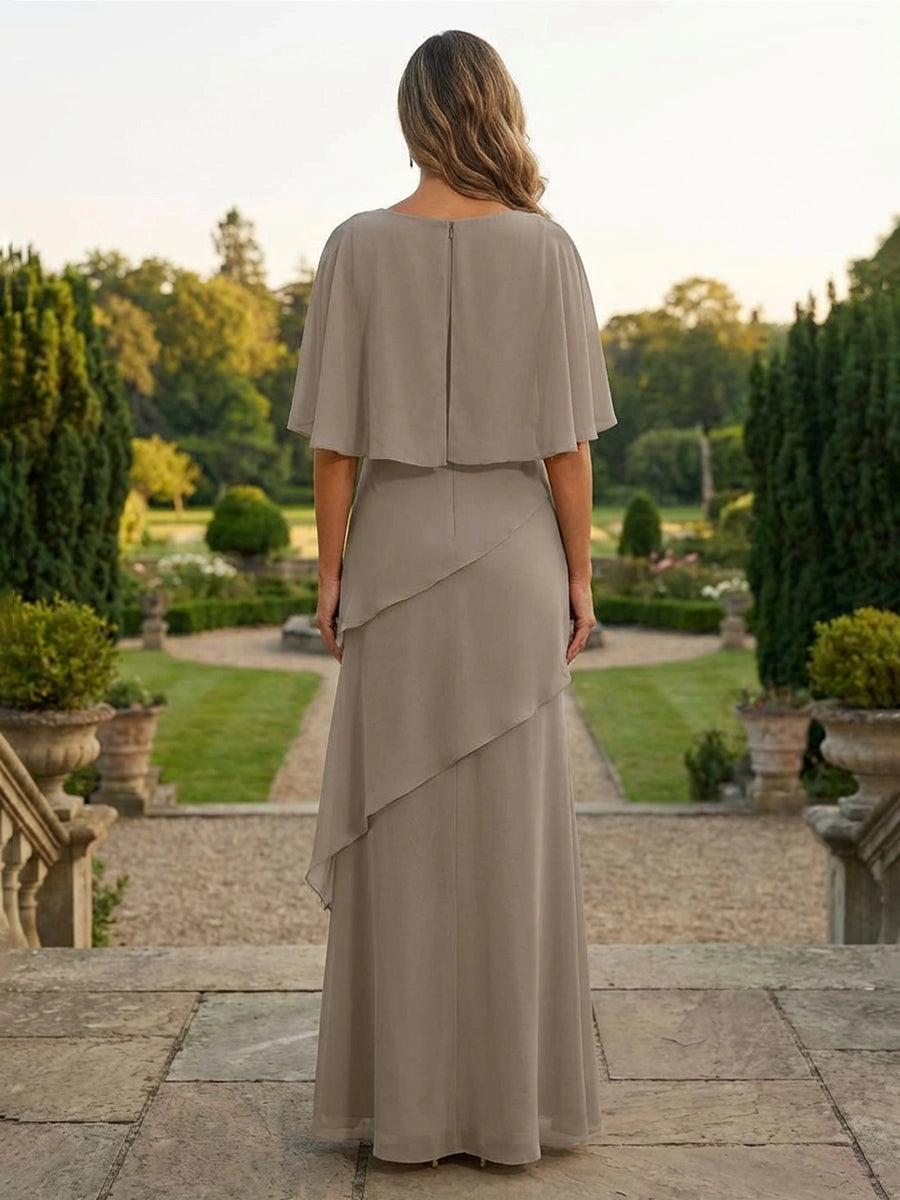 Rear view Vedress taupe cape‑sleeve chiffon mother‑of‑the‑bride dress, simple centre zip‑back floor‑length gown