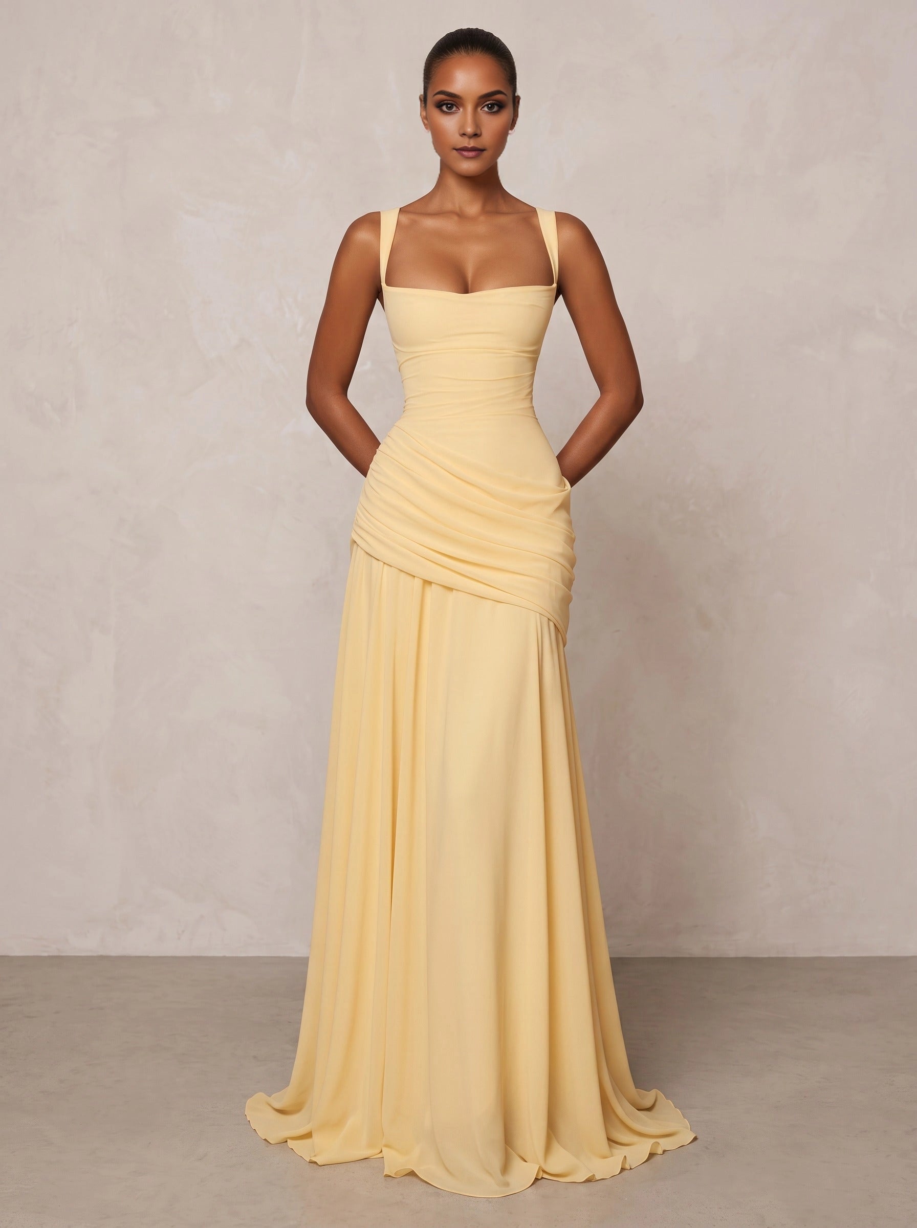 vedress pale yellow a‑line chiffon bridesmaid prom dress square neck ruched waist gown with side pockets